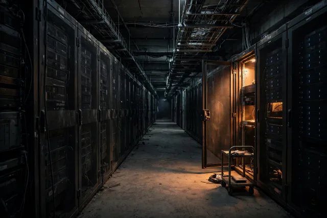 A long aisle inside a hosting facility at night, rows of dark server racks on both sides, one open rack door spilling warm light onto the floor, a cart with a spare drive beside it. A long aisle inside a hosting facility at night, rows of dark server racks on both sides, one open rack door spilling warm light onto the floor, a cart with a spare drive beside it.