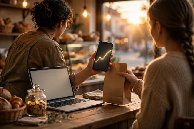A bakery owner at a warm wooden counter holding up a phone with a glowing rising chart, handing a paper bag to a customer, a laptop and a glass jar of coins on the counter. A bakery owner at a warm wooden counter holding up a phone with a glowing rising chart, handing a paper bag to a customer, a laptop and a glass jar of coins on the counter.