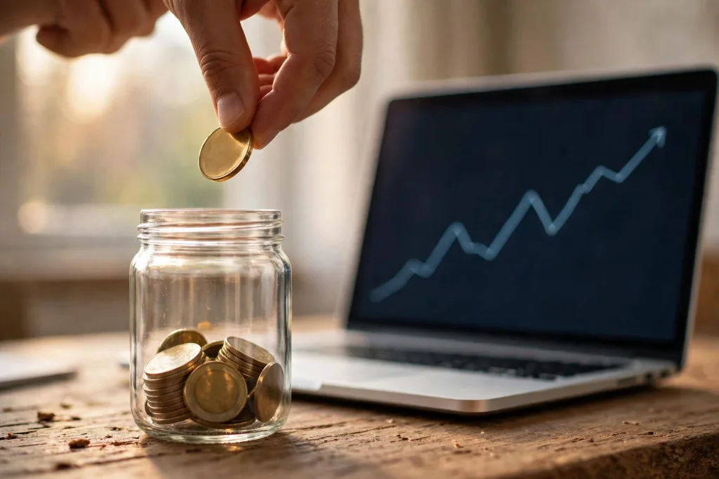 Hands dropping gold coins into a glass jar on a wooden desk beside a laptop with a rising chart on its screen.